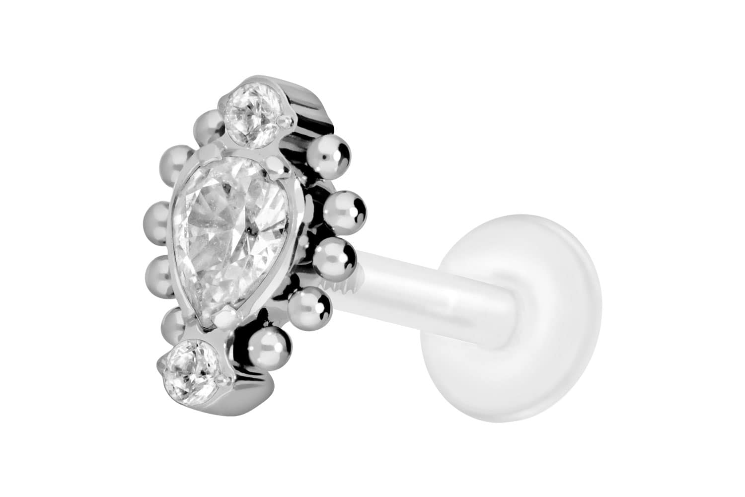 PTFE Labret Piercing mit Innengewinde + Titan-Aufsatz 3 EINGEFASSTE KRISTALLE + KUGELN